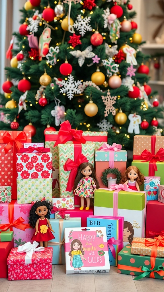 A festive arrangement of Christmas gifts for girls, including dolls, art supplies, and books, with a decorated tree in the background.